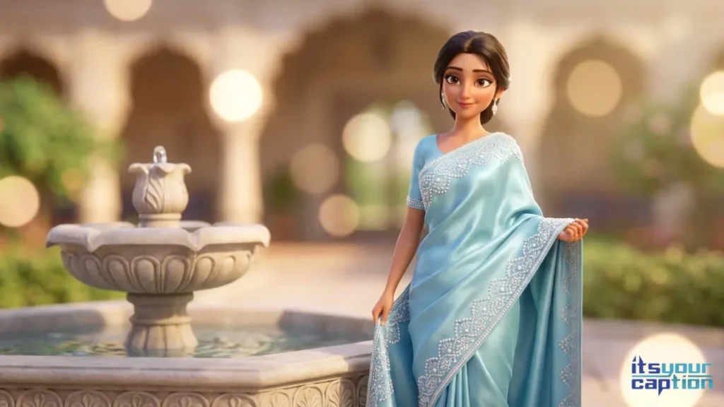 A trendy young Indian woman in a modern saree striking a confident pose for a viral Instagram photo in a luxury setting.
