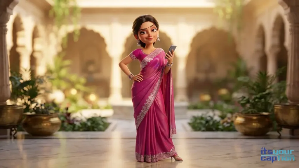 An elegant Indian woman in a flowing light blue drape (nil) posing near a water feature in a luxury heritage garden.