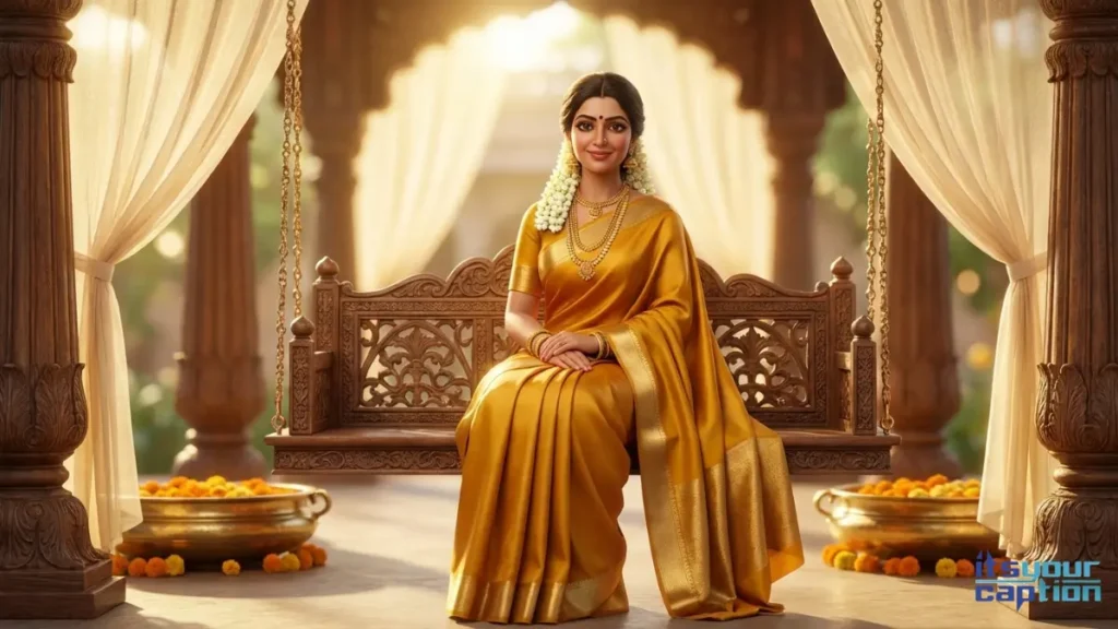 A sophisticated Indian lady sitting gracefully, showcasing her aesthetic South Indian saree look decorated with heirloom gold pieces and white flowers in her hair.
