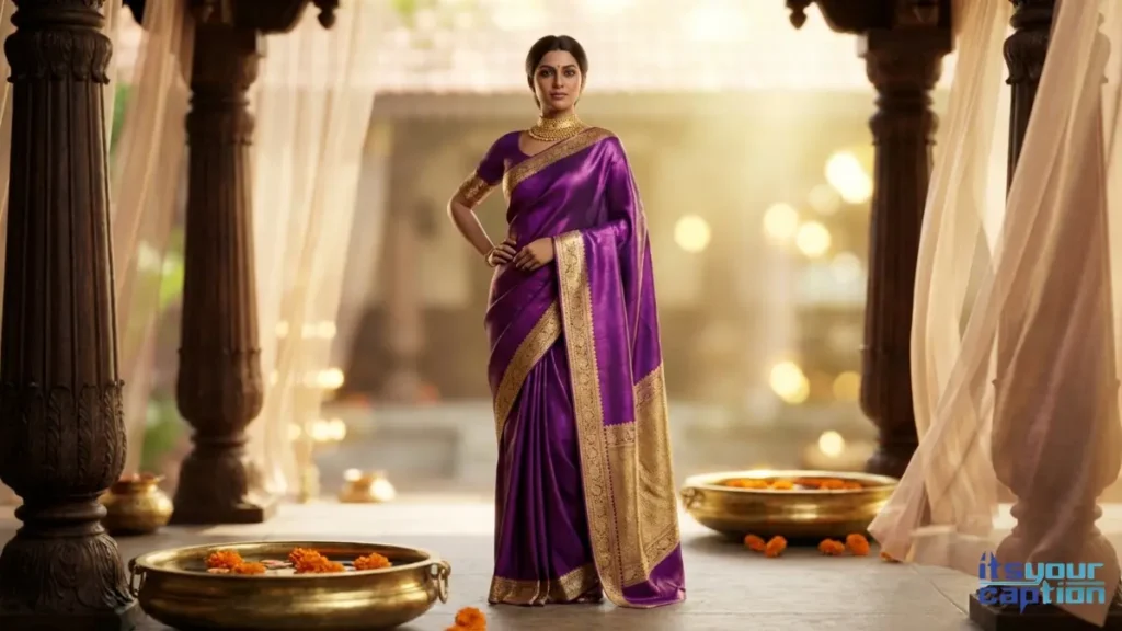 A stunning Indian lady striking a regal pose in her classic Kannada silk weave, highlighting the aesthetic elegance of South Indian traditional clothing.