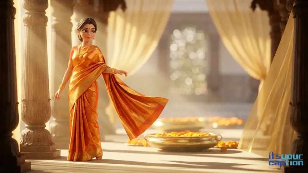A gorgeous traditional woman showing off her perfect saree pleats and aesthetic golden hours glow, getting the best angles for her South Indian Instagram captions.