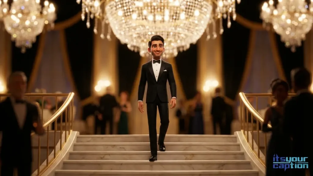 A handsome Indian guy wearing a tailored black tuxedo inside a grand luxury ballroom, looking incredibly sharp.