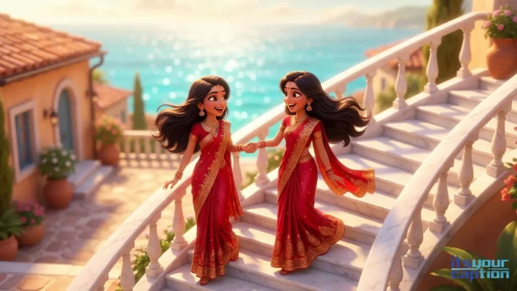 Two Indian sisters sharing a laugh at a grand destination wedding, perfectly dressed for family twinning in red sarees.