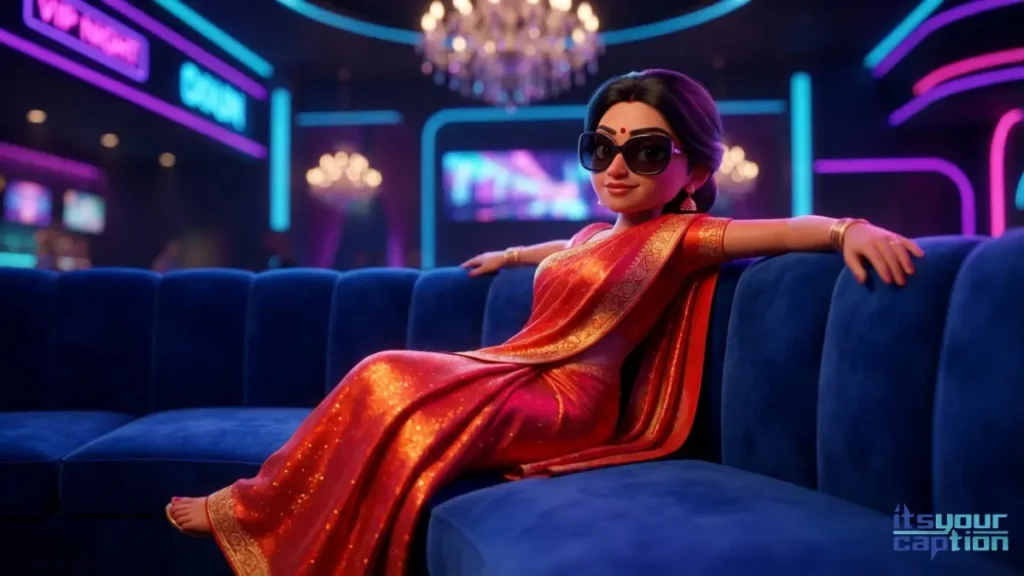 A fierce Indian woman wearing sunglasses indoors at an exclusive club, exuding pure desi attitude in a red saree.