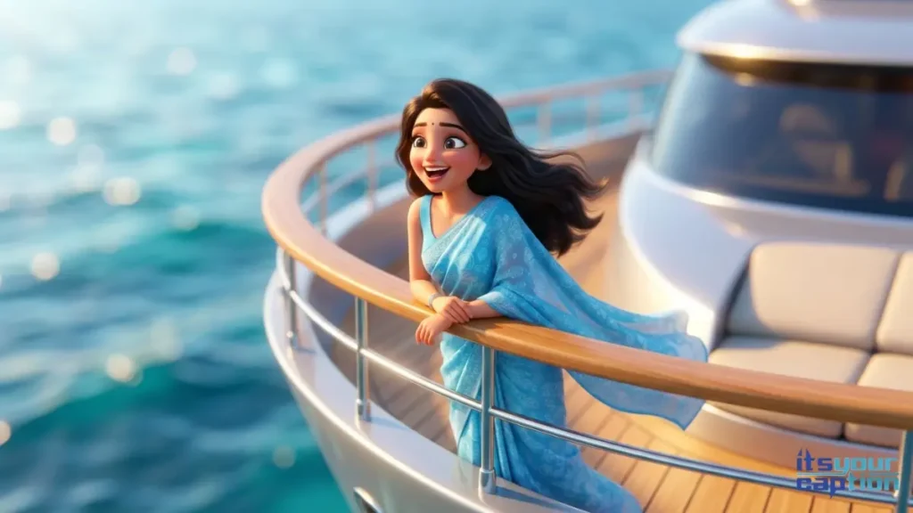 A cheerful Indian woman enjoying the sun in her light blue daytime saree on the deck of a private yacht.
