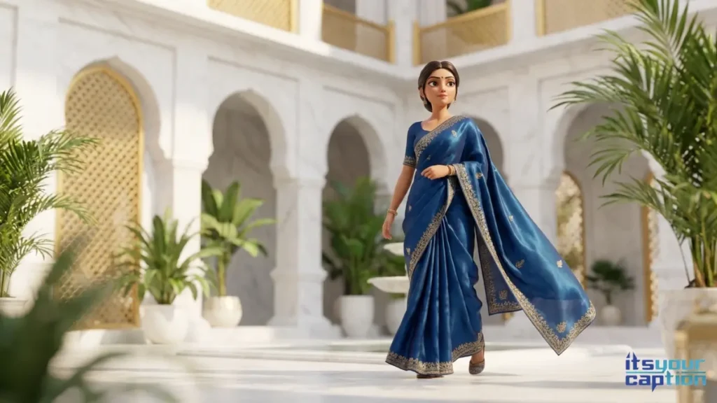 An elegant blue traditional drape gracefully worn by an Indian woman walking through a lavish marble courtyard.