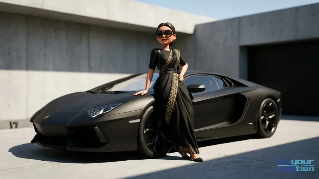 A stylish young woman leaning against a sleek sports car in a dark outfit, perfectly matching her fierce Maharashtrian attitude phrases online.