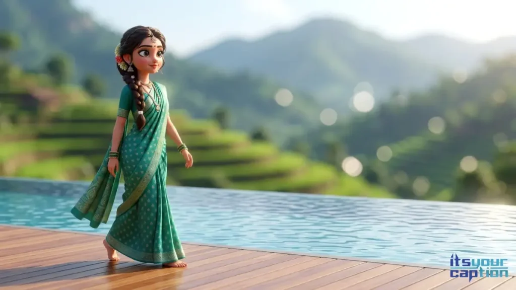 A woman relaxing by a private infinity pool overlooking the mountains, thinking of beautiful Marathi mulgi feed words to share with her followers.