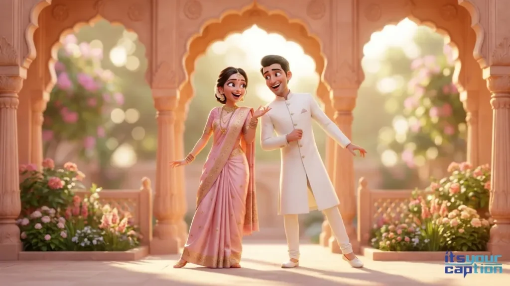 A wealthy brother and sister laughing together in a lavish heritage courtyard, capturing the essence of sweet Marathi sibling bond phrases.