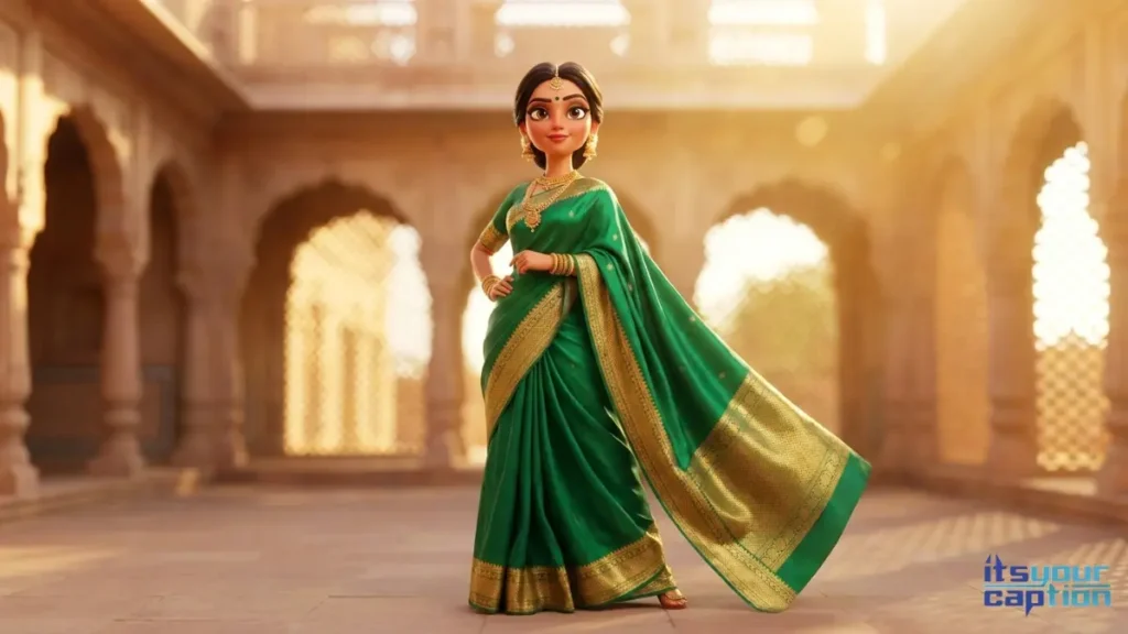 A confident Indian woman radiating attitude and grace while flaunting her traditional green style in the grand courtyard of a heritage luxury hotel.