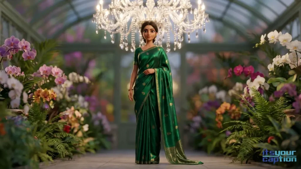 A graceful Indian lady standing amidst lush indoor foliage in a luxurious botanical garden, wearing a breathtaking emerald silk drape.