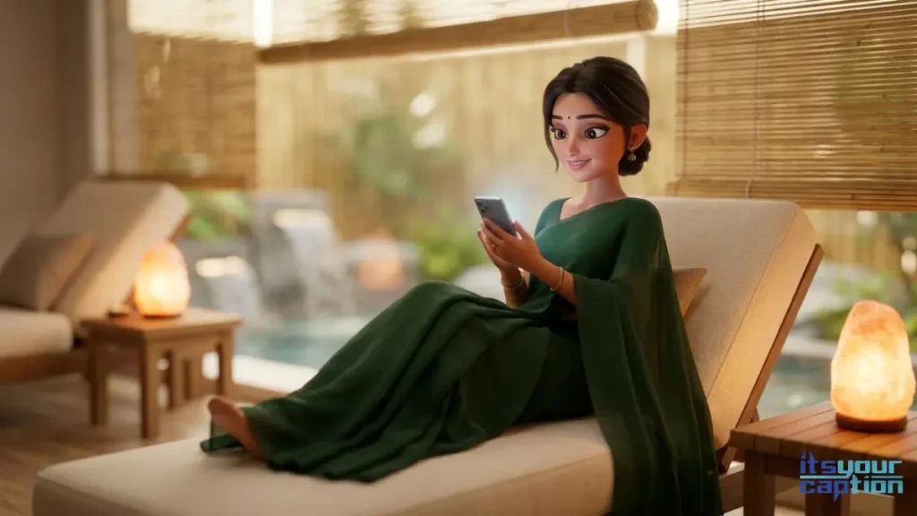 A peaceful woman wearing a lovely emerald saree resting in a premium spa lounge while checking her phone for the perfect Instagram quote.