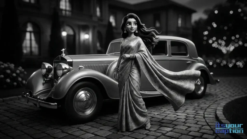 A vintage portrait of an Indian woman in a classic saree standing by a luxury car, perfect for black and white saree captions.