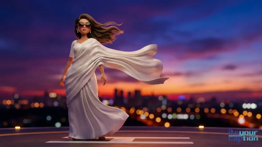 A fierce Indian fashion icon wearing sunglasses and a modern white sari, perfect for modern styling and bold caption themes.