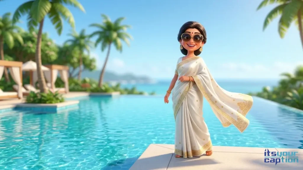 A glamorous Indian woman standing by an infinity pool in a beautiful white drape, ready for viral desi caption ideas.