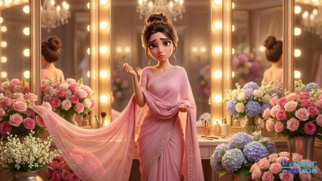 A relatable desi girl struggling with safety pins while wearing a beautiful pastel drape in an opulent dressing room.