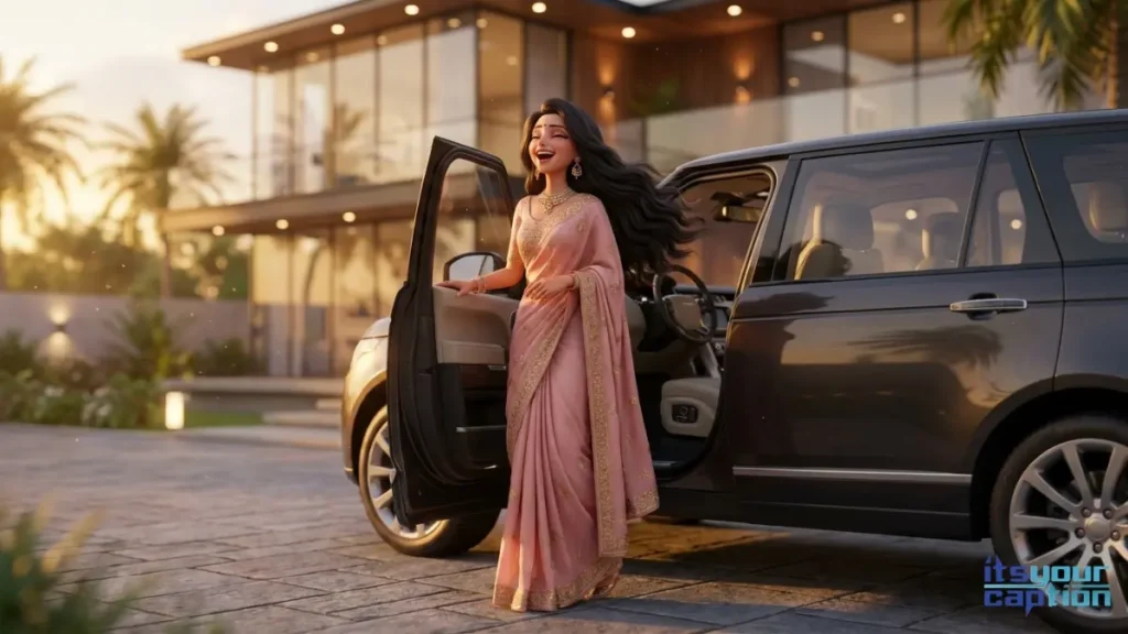 A glamorous desi girl laughing sarcastically in a blush pink outfit while stepping out of a high end luxury car.