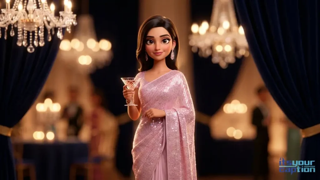 A stunning young woman in a pastel pink traditional attire holding a cocktail glass at an upscale evening gala.
