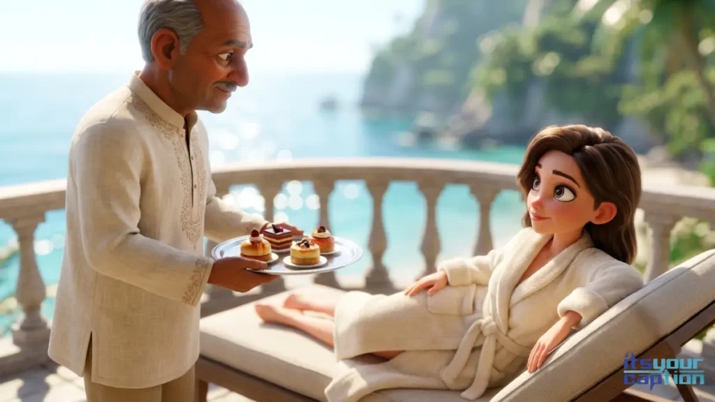 A wealthy Indian dad treating his daughter like a princess by serving her a lavish breakfast on a silver platter at a five star resort.