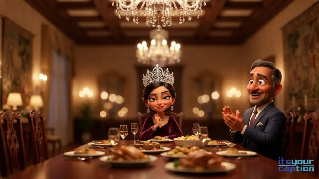 A confident Indian daughter wearing a literal diamond tiara at the dinner table while her father applauds her.