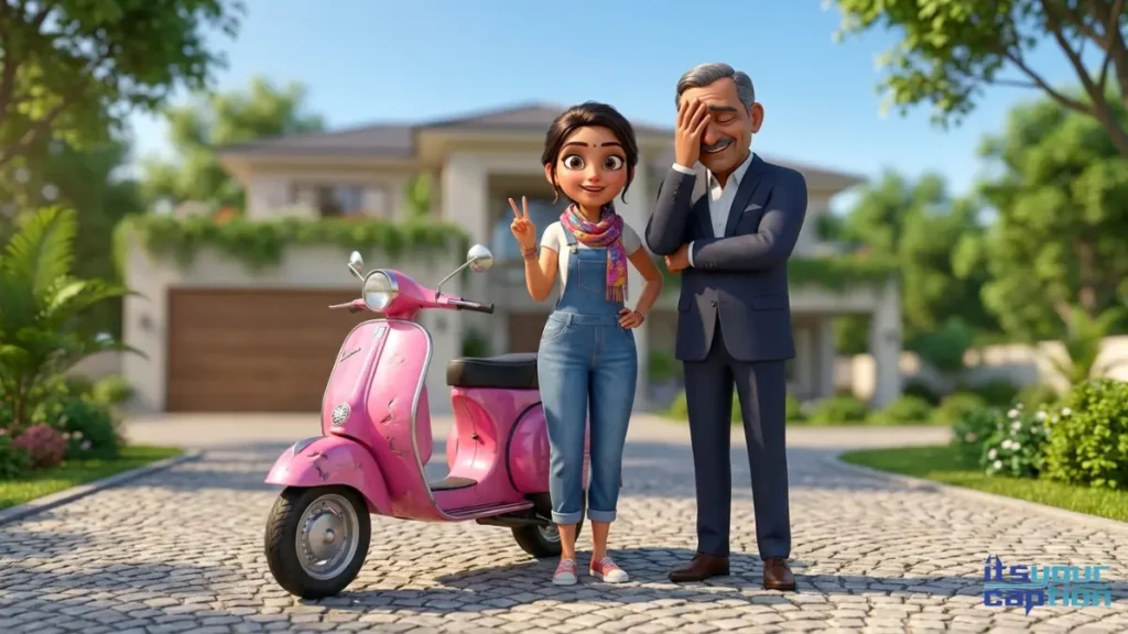 A bad driving daddy's girl smiling innocently next to a slightly dented pink scooter while her wealthy father covers his face in stress.