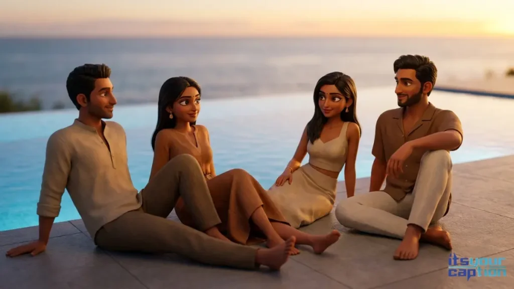 A group of elite Indian friends laughing and celebrating at a luxury poolside lounge during an expensive vacation.