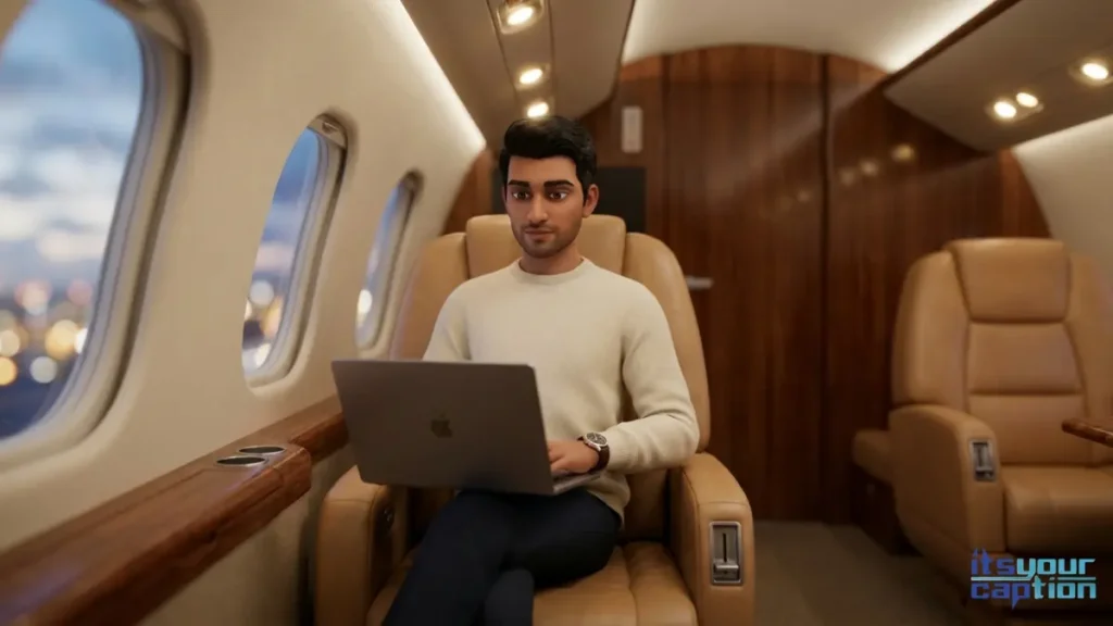 A young Indian man focused on his work inside a private jet cabin, showcasing the hustle behind a rich life.