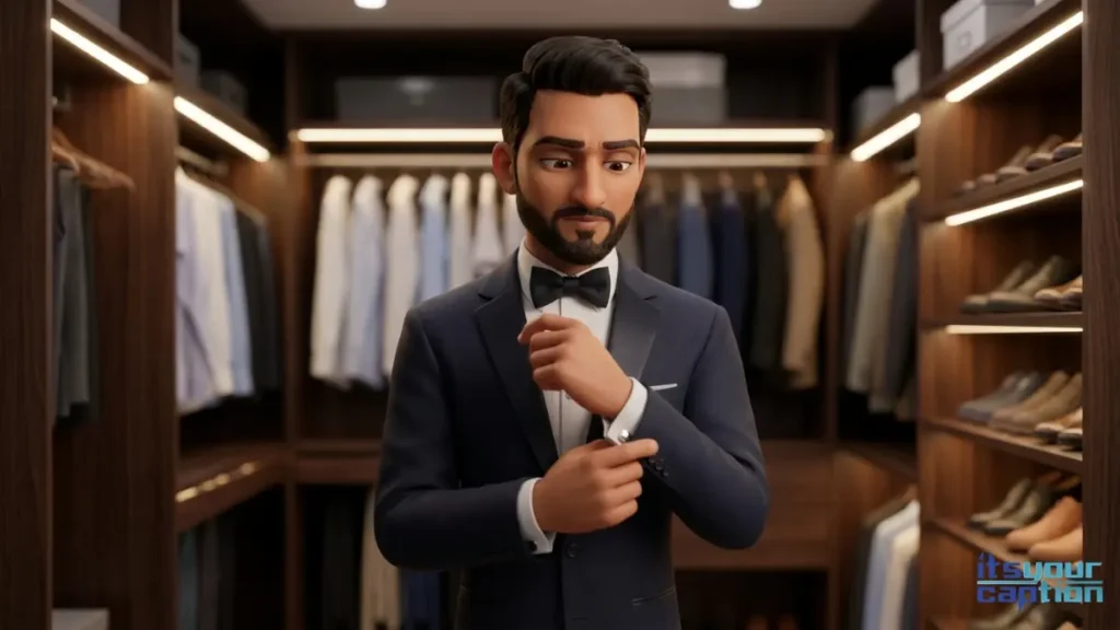 An Indian man adjusting his cufflinks in a luxury dressing room, preparing for a high status event.