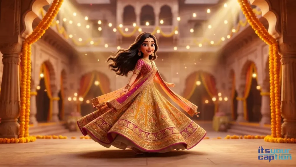 A beautiful Indian woman twirling in a heavy designer lehenga on a grand dance floor, matching her energy with sangeet night status updates.