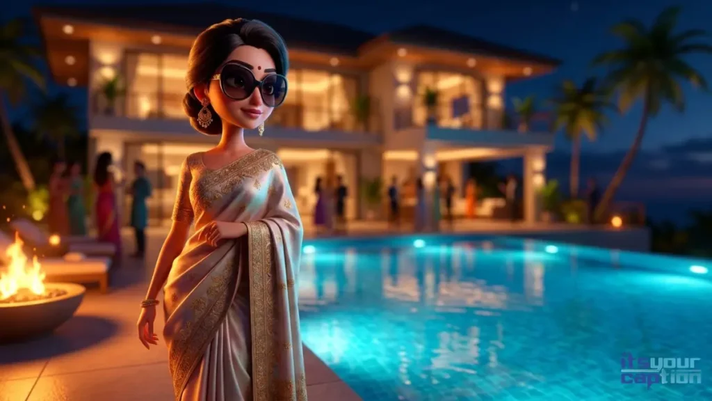 An elegant Indian woman posing by an infinity pool at night, looking for quick party text for her social media update.