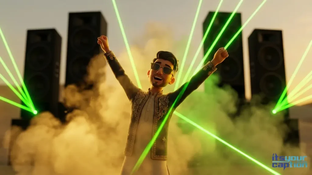 A young Indian adult enjoying the extreme bass at an elite desert music festival, seeking viral DJ phrases for their video.