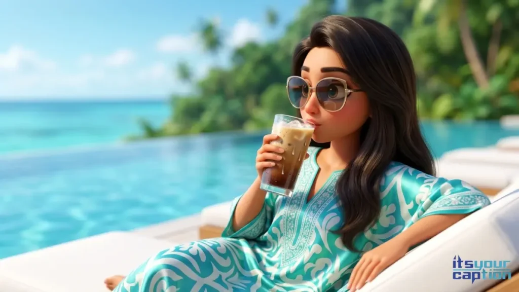 A wealthy young Indian woman sipping an iced latte by a private pool, thinking of the perfect cold coffee phrases for her social media.