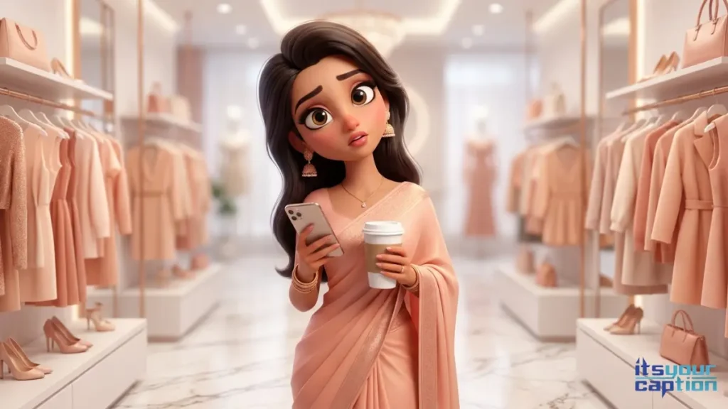 A glamorous Indian woman playfully looking confused at her phone in a high-end boutique, deciding which coffee quote fits her cafe photo.