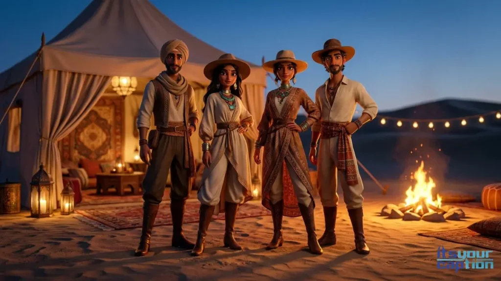 A wealthy Indian friend group posing together at a luxury desert camp, showcasing the unbreakable bond needed for the best friendship lines for Instagram in Hindi.