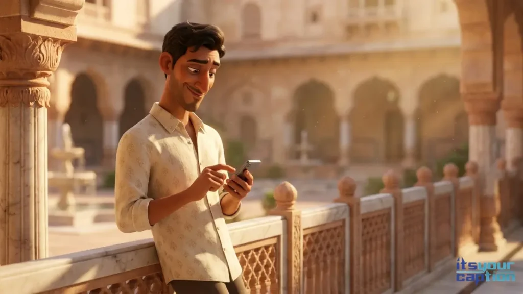 An Indian man relaxing on a palace balcony while typing out bestie captions in Hindi for his social media feed.