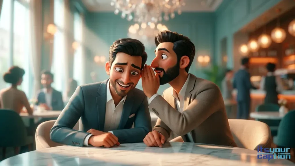An Indian man whispering a funny secret to his friend at an elite cafe, capturing the chaotic energy needed for hilarious friendship quotes in Hindi.