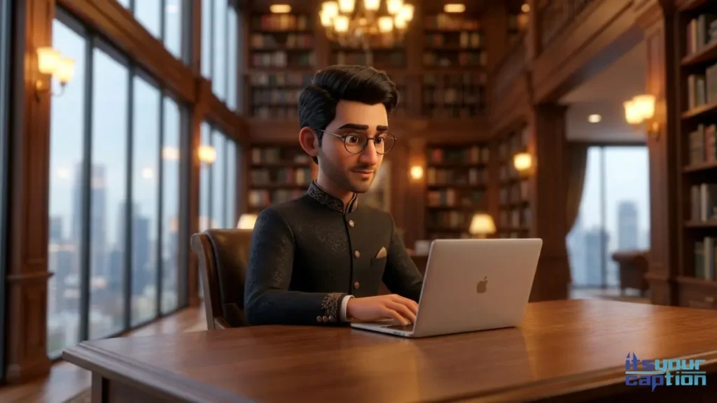A focused young Indian man in a luxury home library searching for expert advice on self care quotes.