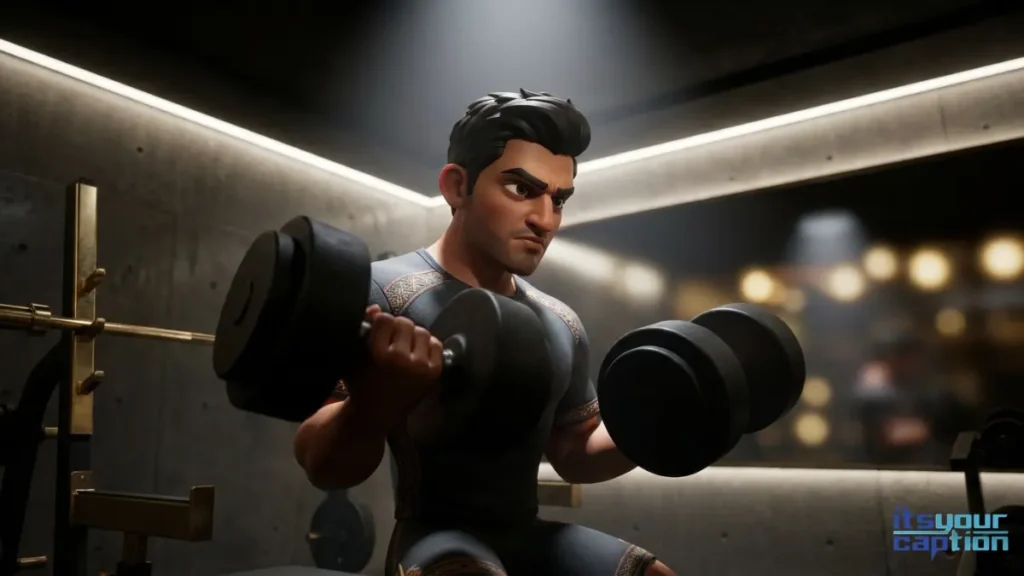 A muscular Indian man lifting heavy dumbbells in an underground luxury gym, the ultimate visual for hard hitting heavy lift captions.