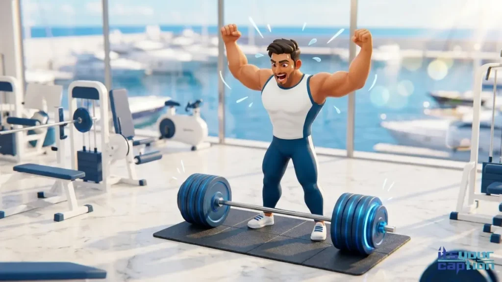 Two wealthy Indian workout partners cheering over a new bench press record at a private villa, an inspiring scene for personal best workout posts.