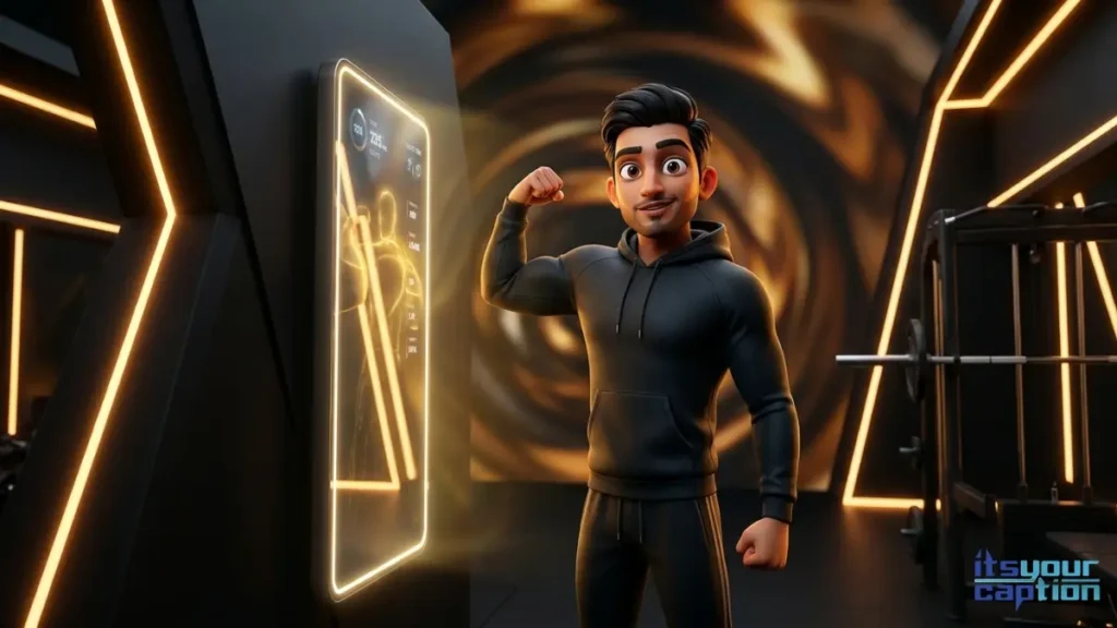A strong Indian man flexing his bicep in a high tech private gym, showcasing the perfect mood for fitness transformation phrases.