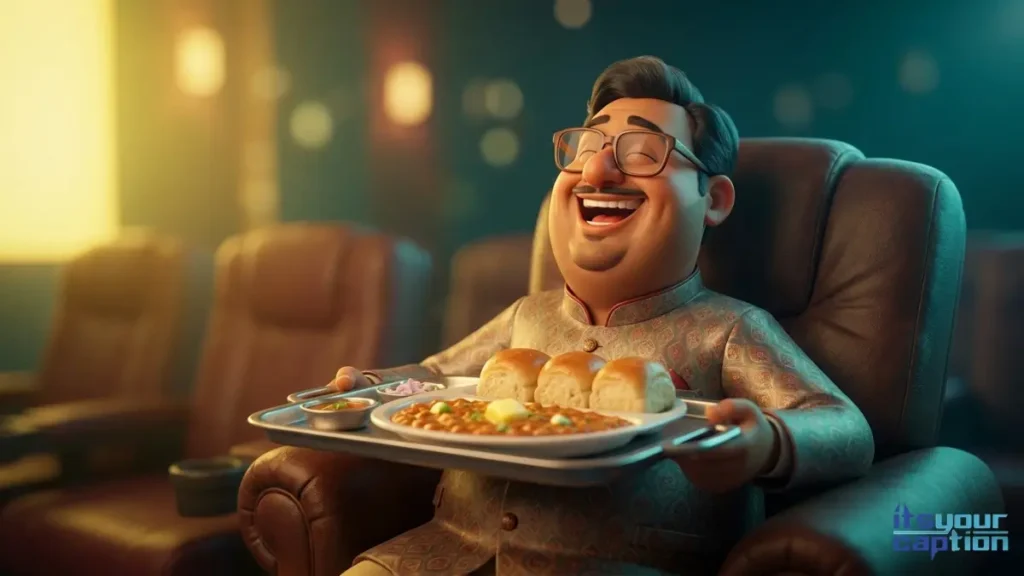 An Indian man laughing in a private home theater while eating buttery pav bhaji during a midnight movie marathon.