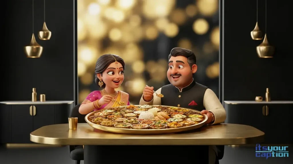 A chic Indian couple sharing a highly detailed grand thali dinner in a minimalist matte black luxury dining room.