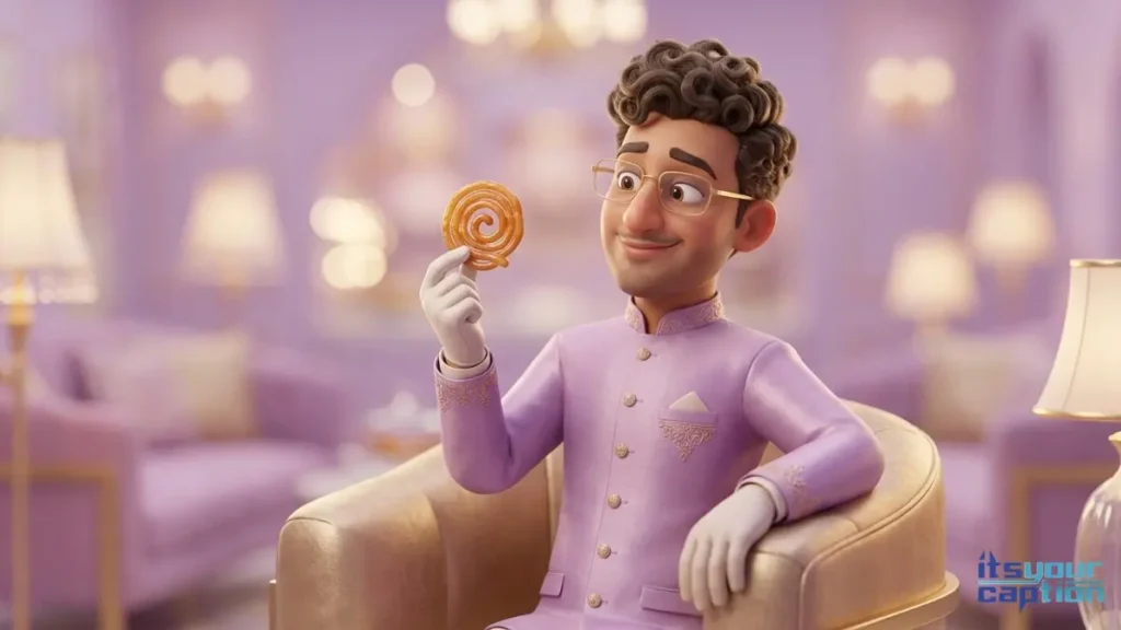 A wealthy Indian man elegantly eating a golden jalebi in a pastel luxury boutique dessert lounge.