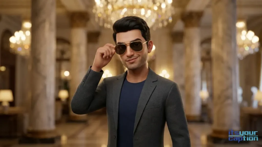 An elite Indian guy fixing his sunglasses in a marble hotel lobby, perfect for confident Delhi attitude quotes for social media.