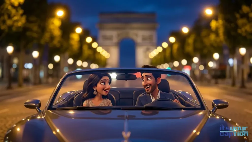 A young Indian couple smiling inside a luxury convertible at night, ideal for night drive captions for India Gate photos.