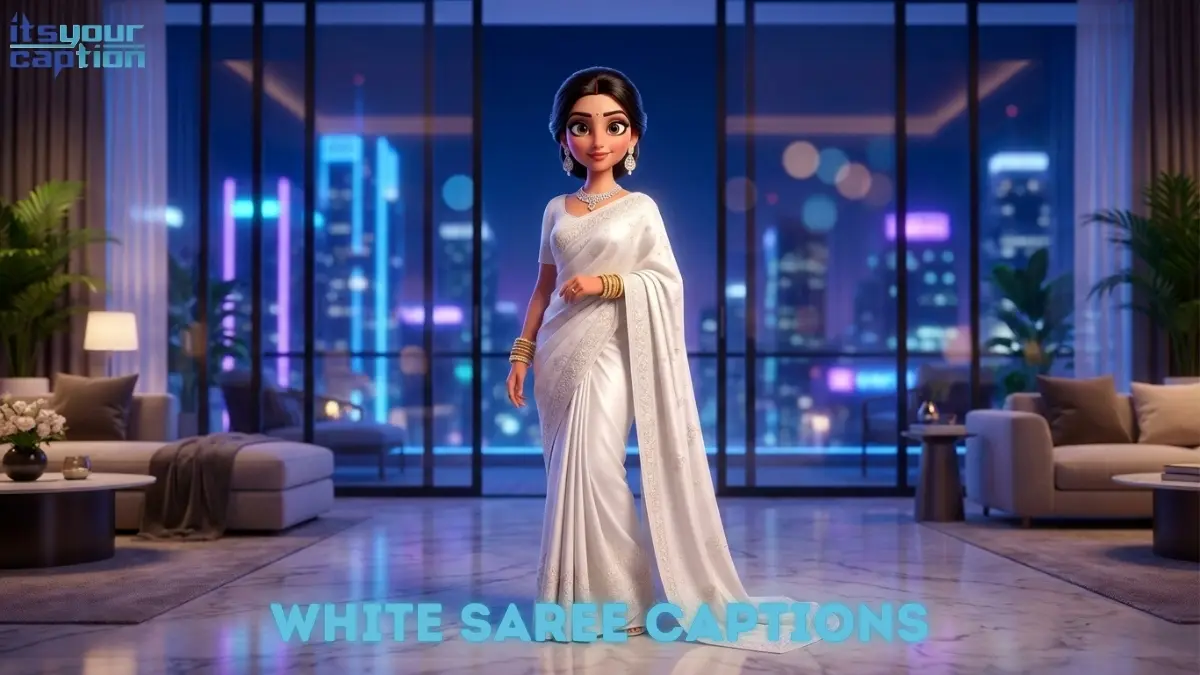 A wealthy Indian influencer wearing a traditional white sari in a high-rise penthouse, providing inspiration for elegant white saree quotes.