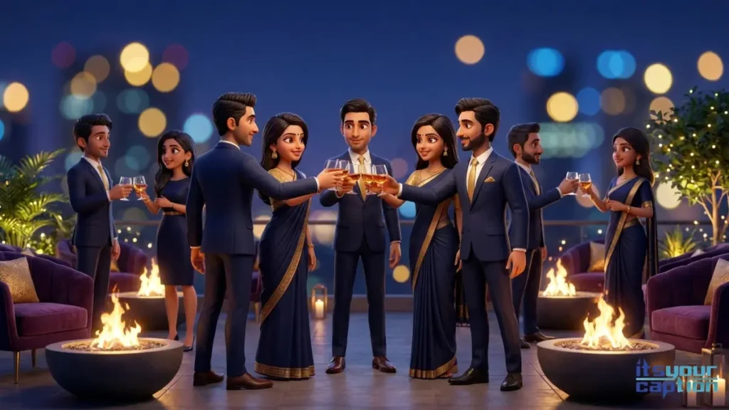 Indian office teammates toasting with champagne glasses at a lavish rooftop corporate leaving party.
