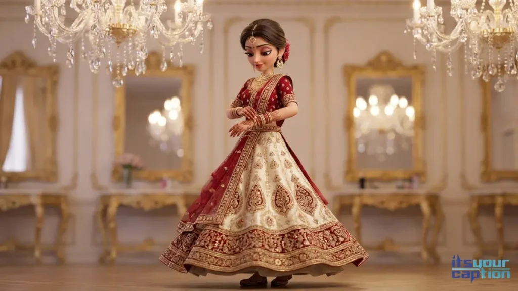 A beautiful Indian bride wearing a heavy red lehenga, admiring her wedding henna quotes in a lavish dressing room.