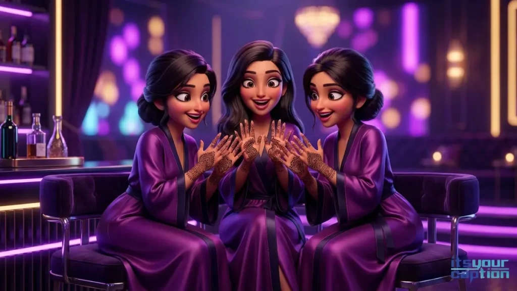 A group of wealthy Indian bridesmaids taking a group photo of their matching mehndi designs in a luxury lounge.