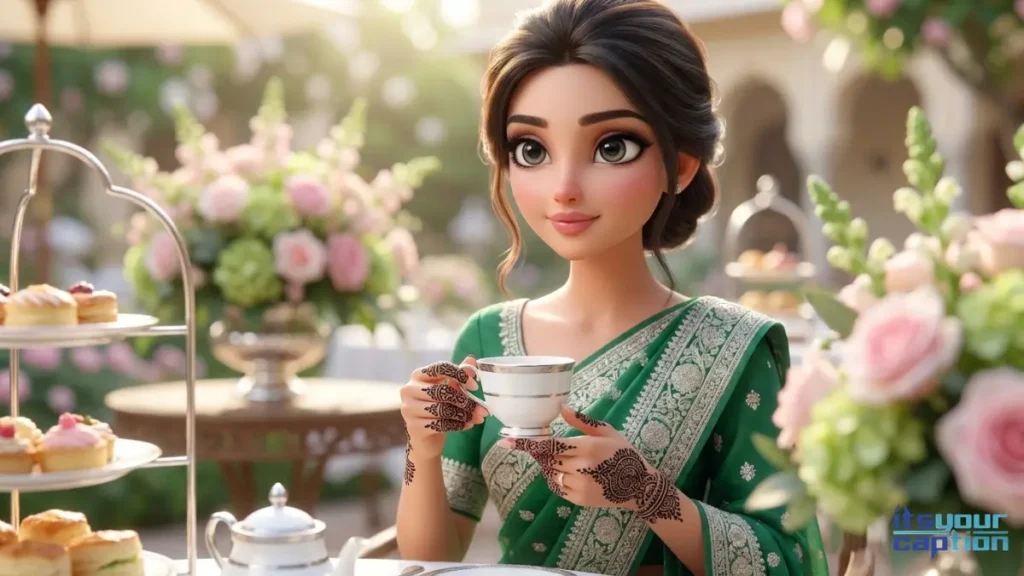 A young affluent Indian woman holding a teacup, displaying the peak beautiful henna color on her fingers during a luxury high tea gathering.